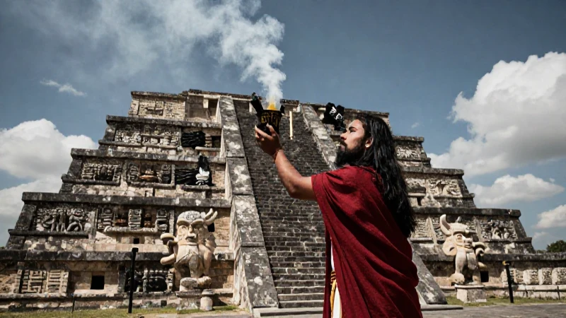 Sacerdote azteca ofrece rito ante templo de Tenochtitlan