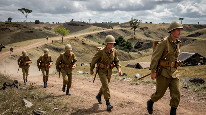 Soldados liberadores marchando en terreno colonial