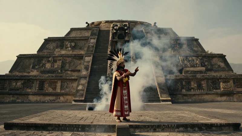 Sacerdote ritual en Teotihuacán con humo y luz dorada