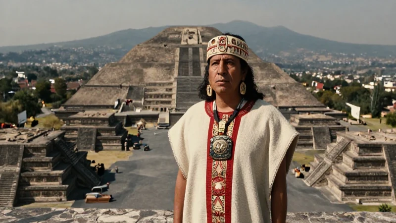 Oficial de Teotihuacán ante las grandes pirámides