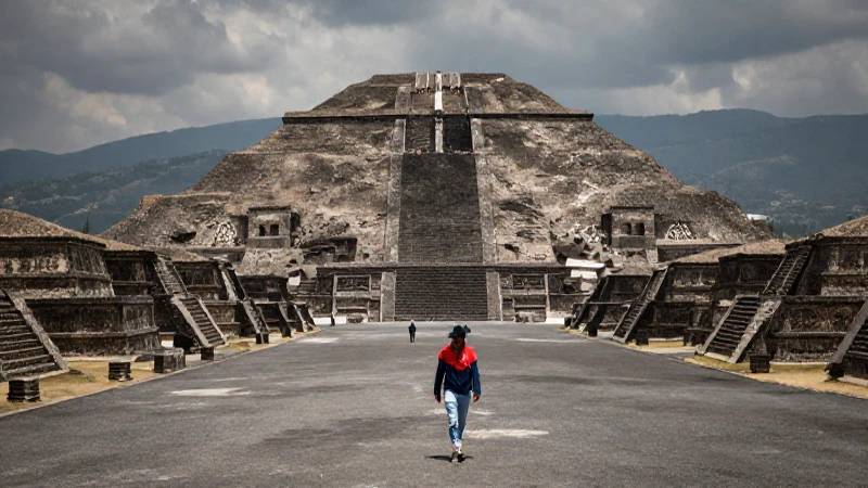 Habitante en Teotihuacán frente a pirámide