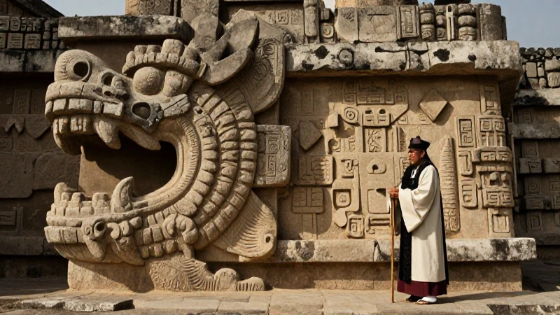 Escultura de dragón mesoamericano en templo antiguo