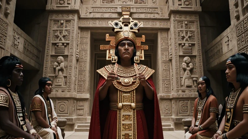 Rey tolteca majestuoso en palacio Mesoamericano