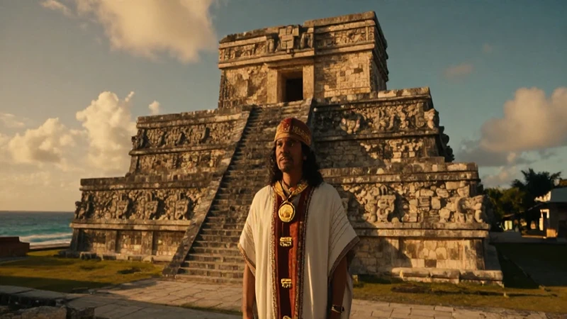 El Castillo Tulum: Maravilla Histórica frente al Caribe 33 Sacerdote maya en El Castillo al atardecer