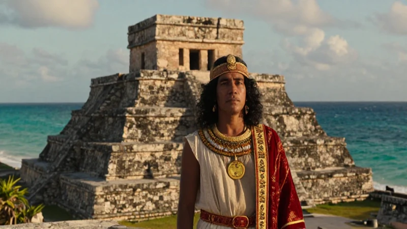 El Castillo Tulum: Maravilla Histórica frente al Caribe 32 Sacerdote maya en El Castillo bajo luz dorada