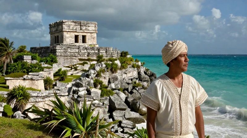 El Castillo Tulum: Maravilla Histórica frente al Caribe 37 Torre de Castillo Tulum y hombre maya con el Mar Caribe