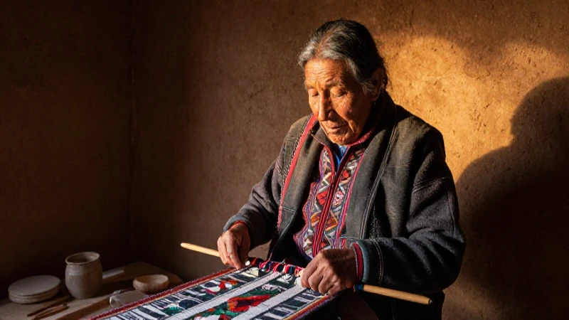 Artesana indígena teje en un taller ancestral al atardecer