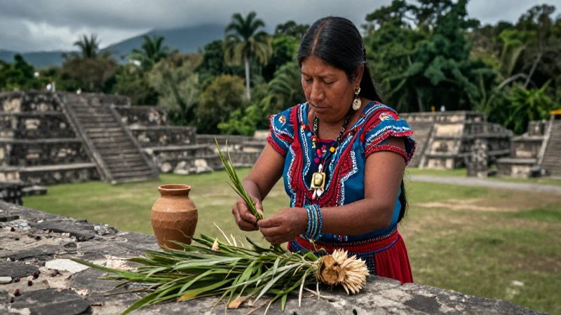 Mujer mesoamericana procesando chapopote en plaza antigua