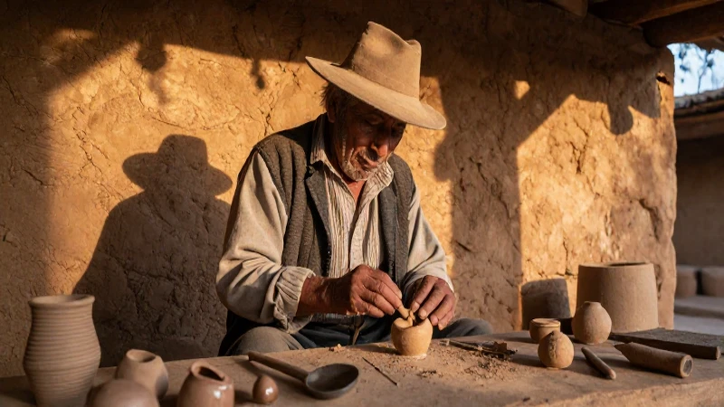 Artesano crea objetos tradicionales en taller de adobe