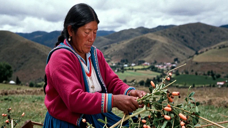 Mujer indígena cosecha chapopote en paisaje andino