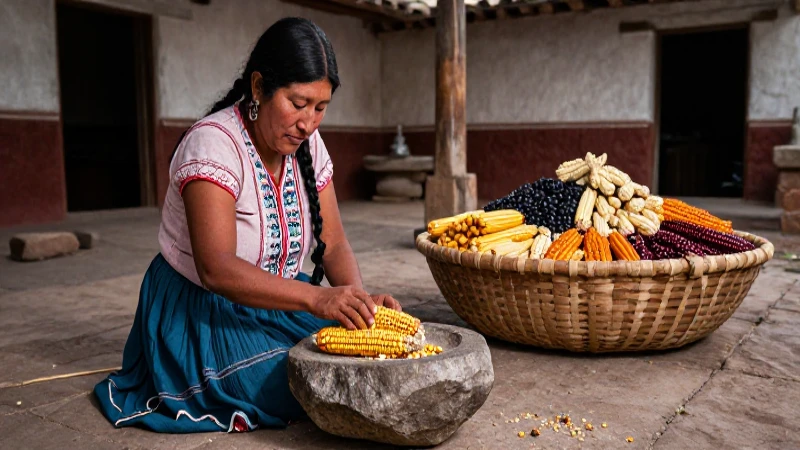 Cuáles son los beneficios, usos y variedades del maíz 4 Mujer indígena moliendo maíz en un ambiente tradicional
