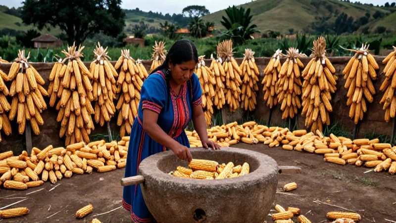 Cuáles son los beneficios, usos y variedades del maíz 6 Mujer indígena muele maíz en paisaje mesoamericano