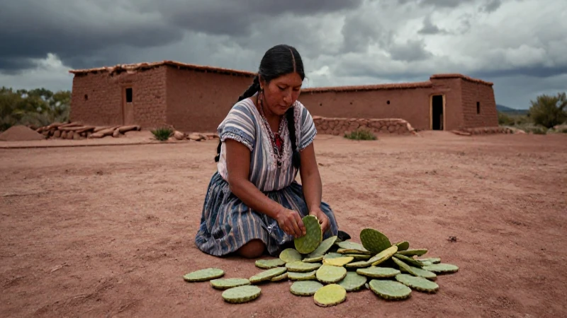 Mujer indígena recolectando nopal en paisaje seco