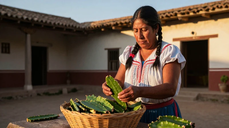 Mujer colonial prepara nopal bajo el sol dorada
