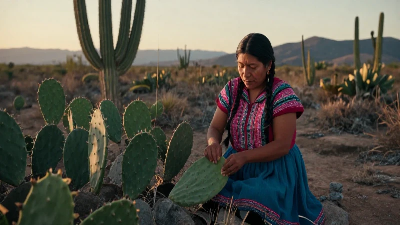 Mujer indígena cosechando cactus en México