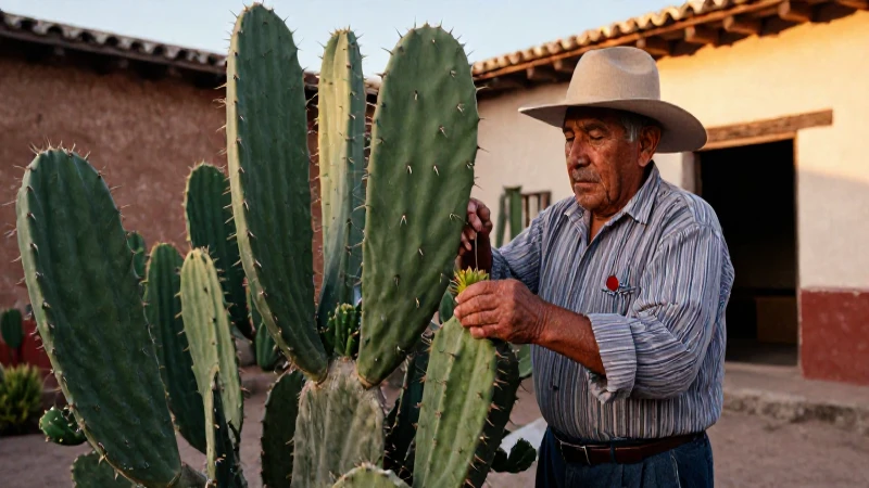 Sanador prepara nopal en un patio colonial