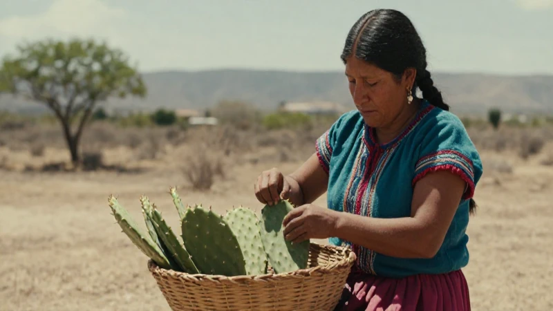 Mujer indígena cosecha nopal en paisaje árido