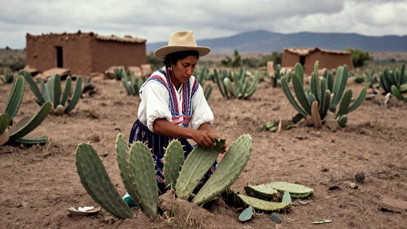 Mujer tradicional recolectando nopal en el desierto