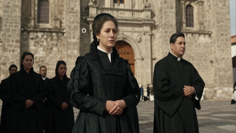 Mujer de luto en procesión colonial dirigida por un sacerdote