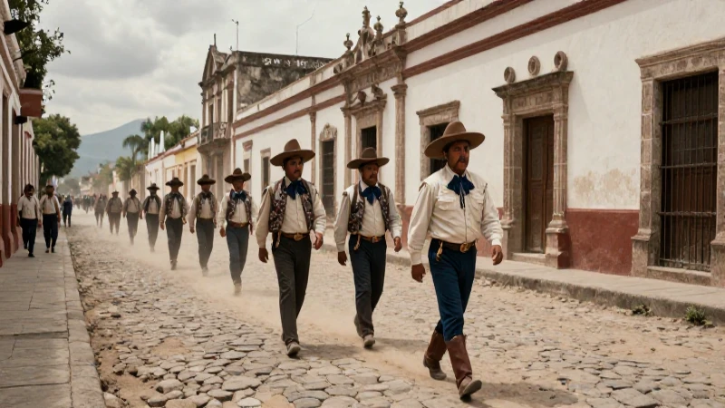 Soldados mexicanos marchan por calles coloniales