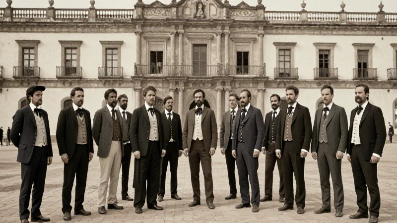 Reformistas mexicanos ante palacio colonial del siglo XIX