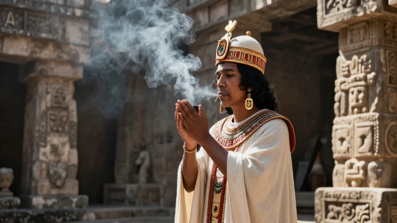 Sacerdote Maya en ritual dentro de templo ancestral