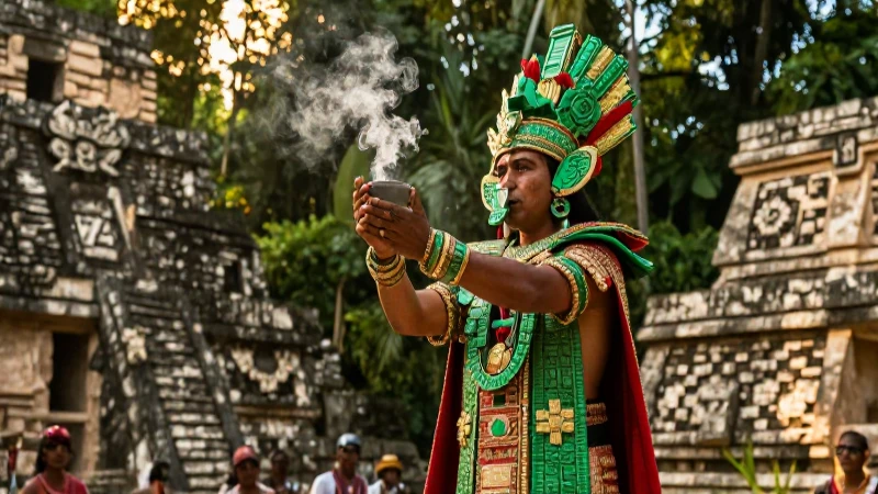 Rey maya en ritual dentro de templo antiguo