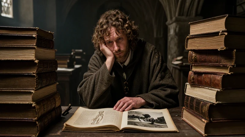 Erudito medieval estudia anatomía en antiguo scriptorium