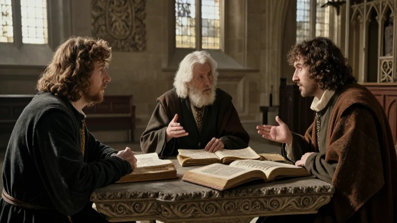 Debate escolástico medieval bajo luz dramática
