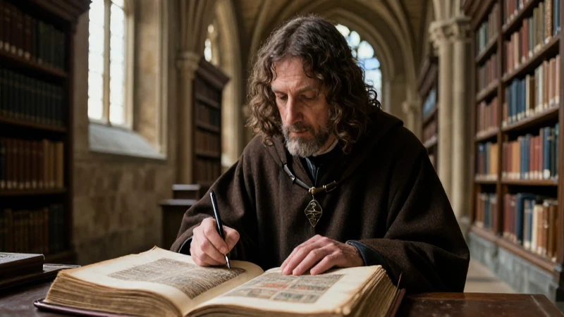 Escritor medieval en biblioteca iluminando un manuscrito