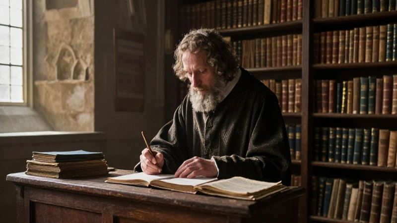Filósofo meditando en biblioteca antigua