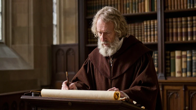 Profesor medieval escribe en una biblioteca gótica