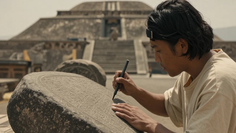 Escritor antiguo grabando jeroglíficos en Teotihuacán