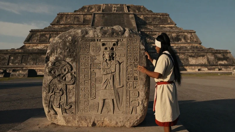 Sacerdote examina glifo en pirámide de Teotihuacán