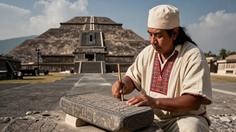 Académico en Teotihuacán talla un jeroglífico ante la pirámide
