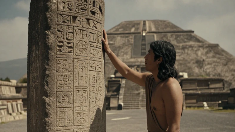 Escribano examina estela y pirámide en Teotihuacán