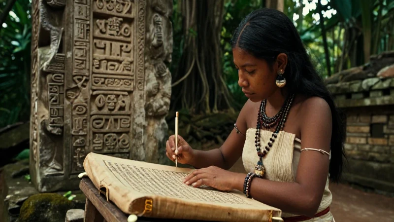 En qué consiste el sofisticado sistema de escritura maya 23 Scribe maya trabaja en códice entre ruinas antiguas
