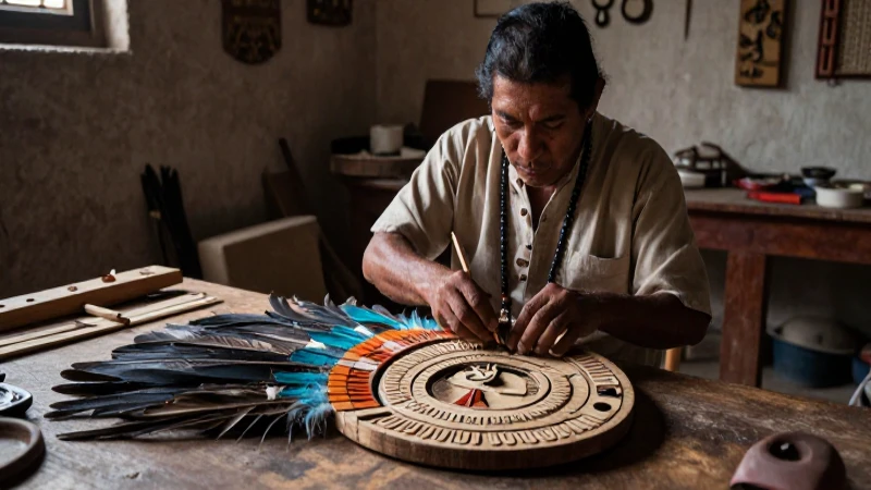 Artífice azteca decora un escudo ceremonial