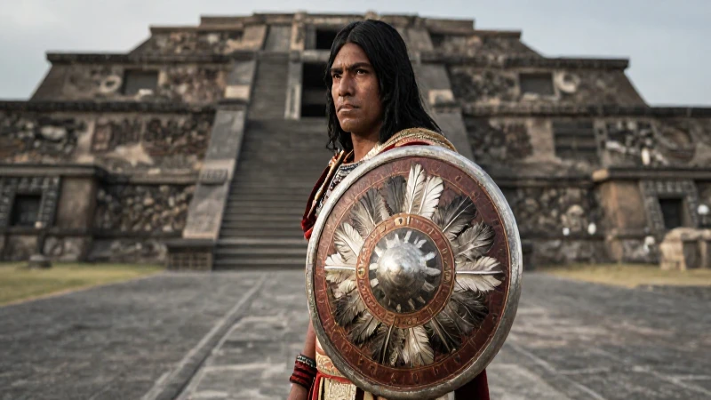 Guerrero Mexica con escudo frente a Tenochtitlan