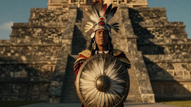 Guerrero mexica con escudo ante templo