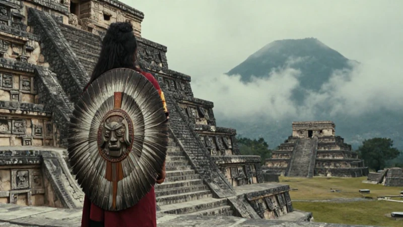 Guerrero mexica frente a pirámide azteca