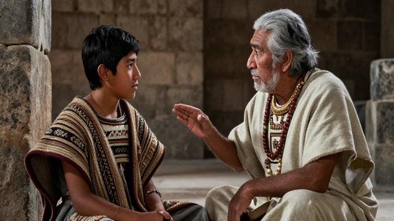 Estudiante mexica aprende de un maestro antiguo en Tenochtitlan