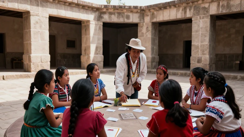 Maestro mexica enseña a niños en patio tradicional