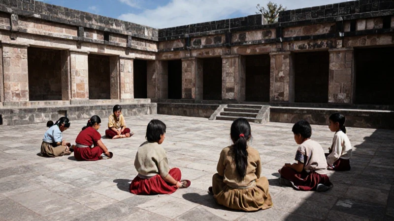 Niños mexicas estudian en Tenochtitlan bajo luz dramática