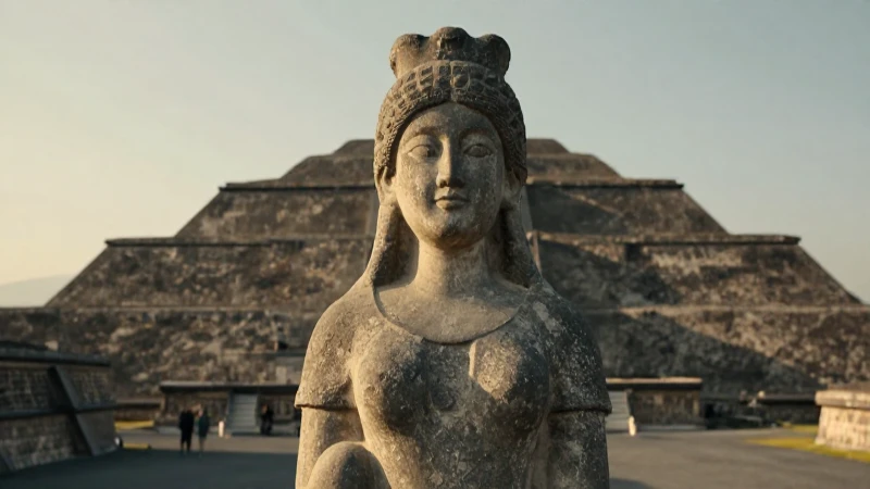 What is the significance of the water goddess sculpture in Teotihuacan 42 Escultura de diosa entre pirámides de Teotihuacán al atardecer