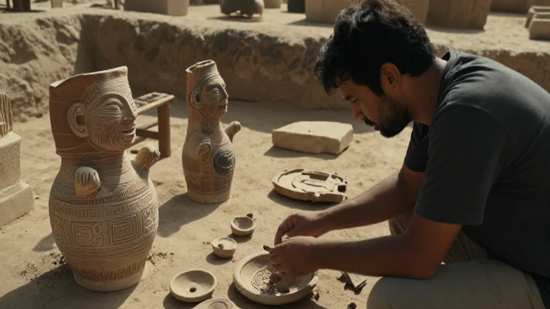 Arqueólogo examina cerámicas en sitio excavado