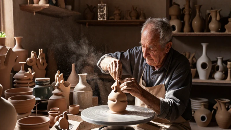 Maestro alfarero modelando arte en un taller histórico