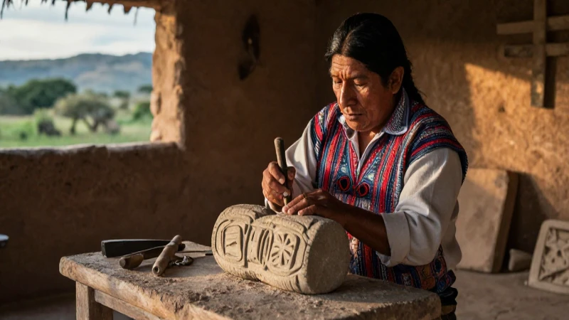 Artesano huasteco talla piedra en su taller