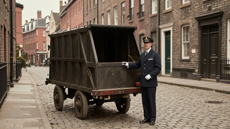 Inspector en cart vintage en calle de ladrillo histórico