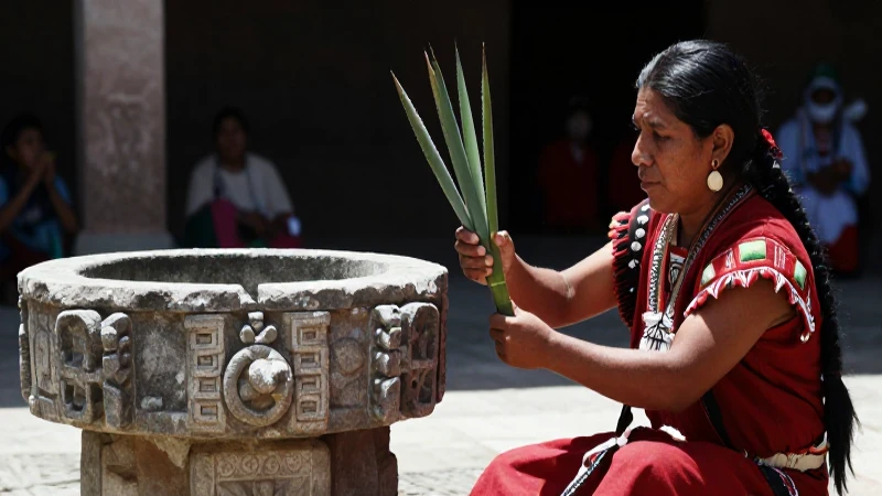 Participante en ritual mesoamericano con altar de piedra